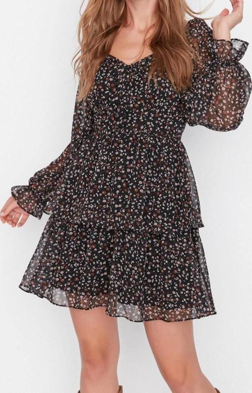 Moda Regular Gündüz Gece Şifon Dokuma Kalp Yaka Uzun Kol Skater Mini Boy Elbise