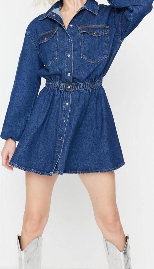 Moda Regular Mezuniyet Balo Rigid Denim Gömlek Yaka Kısa Kol Skater Kısa Boy Elbise