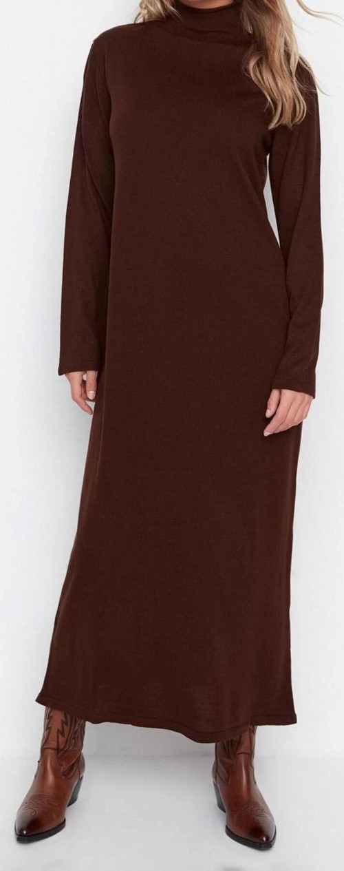 Moda Regular Günlük Tek Plaka Triko Yarım Balıkçı Yaka Uzun Kol Shift Uzun Boy Tesettür Elbise