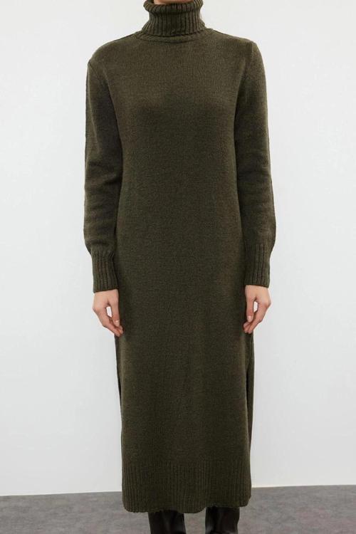 Moda Oversize Casual Günlük Dolu İğne Triko Balıkçı Yaka Uzun Kol Shift Midi Boy Elbise