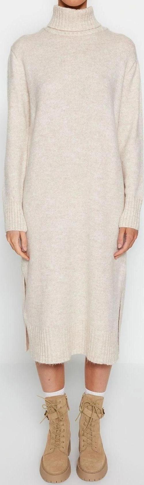 Moda Oversize Casual Günlük Dolu İğne Triko Balıkçı Yaka Uzun Kol Shift Midi Boy Elbise