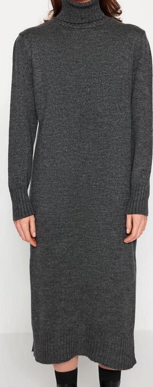 Moda Oversize Casual Günlük Dolu İğne Triko Balıkçı Yaka Uzun Kol Shift Midi Boy Elbise