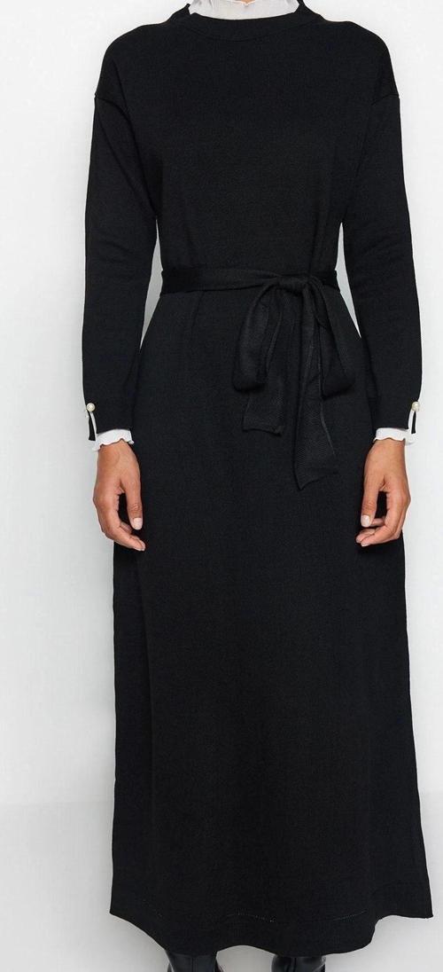 Moda Regular Casual Günlük Pike Triko Dik Yaka Uzun Kol Shift Maxi Boy Tesettür Elbise