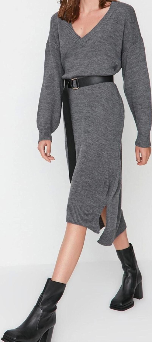 Moda Oversize Casual Günlük Selanik Triko V Yaka Uzun Kol Shift Maxi Boy Elbise