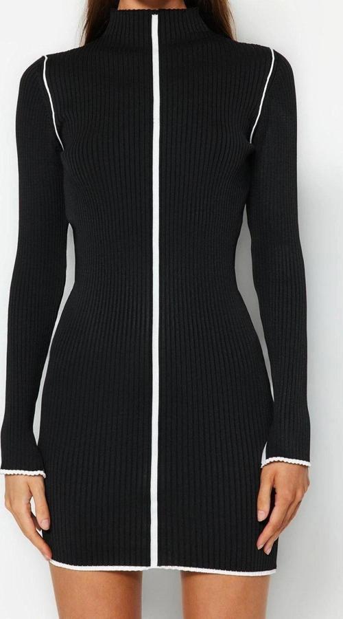 Moda Slim Casual Günlük Fitilli Triko Dik Yaka Uzun Kol Bodycone Mini Boy Elbise