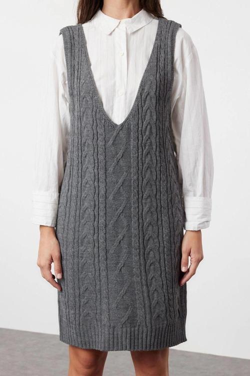Moda Regular Casual Günlük Çift Plaka Triko V Yaka Askılı Kol Jile Mini Boy Elbise