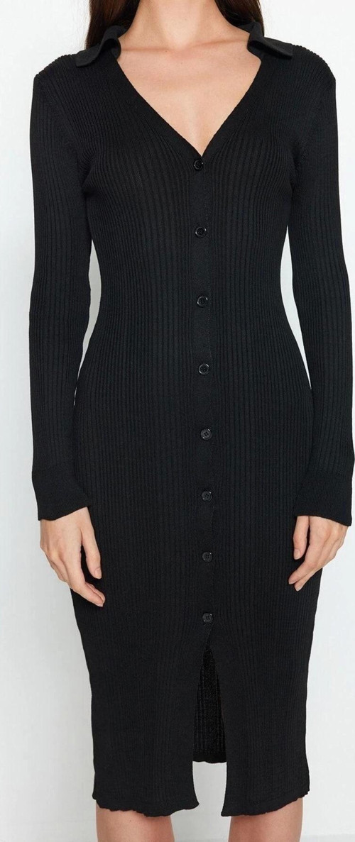 Moda Slim Casual Günlük Dolu İğne Triko Polo Yaka Uzun Kol Shift Midi Boy Elbise