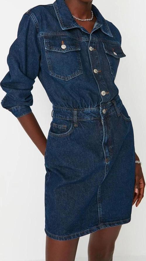 Moda Slim Şık Abiye Gece Rigid Denim Gömlek Yaka Truvakar Kol Kol Bodycone Mini Boy Elbise