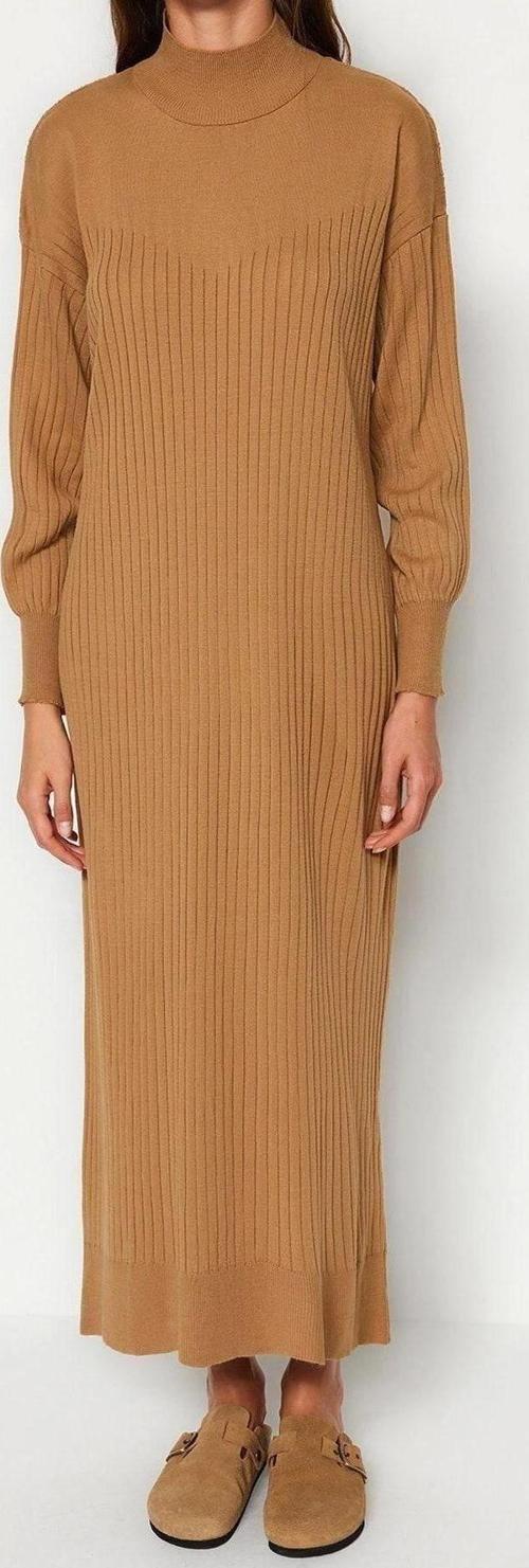 Moda Regular Günlük Ribana Kaşkorse Triko Bisiklet Yaka Uzun Kol Shift Maxi Boy Tesettür Elbise