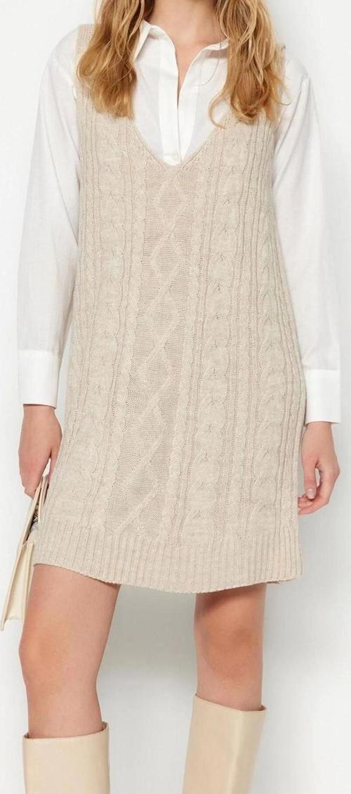 Moda Regular Casual Günlük Çift Plaka Triko V Yaka Askılı Kol Jile Mini Boy Elbise