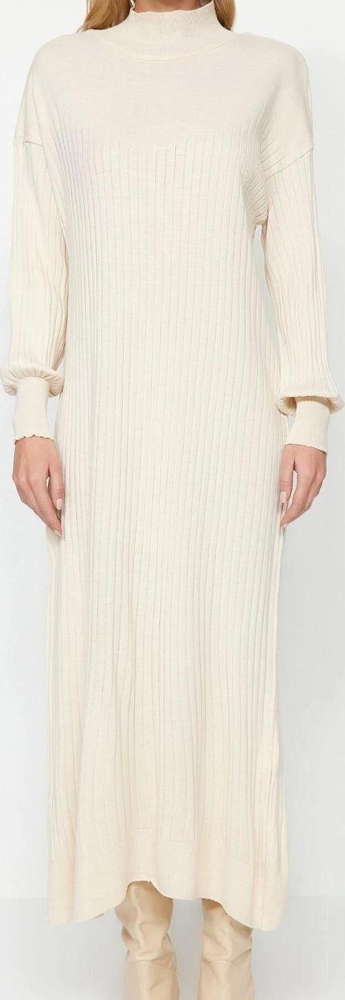 Moda Regular Günlük Ribana Kaşkorse Triko Bisiklet Yaka Uzun Kol Shift Maxi Boy Tesettür Elbise