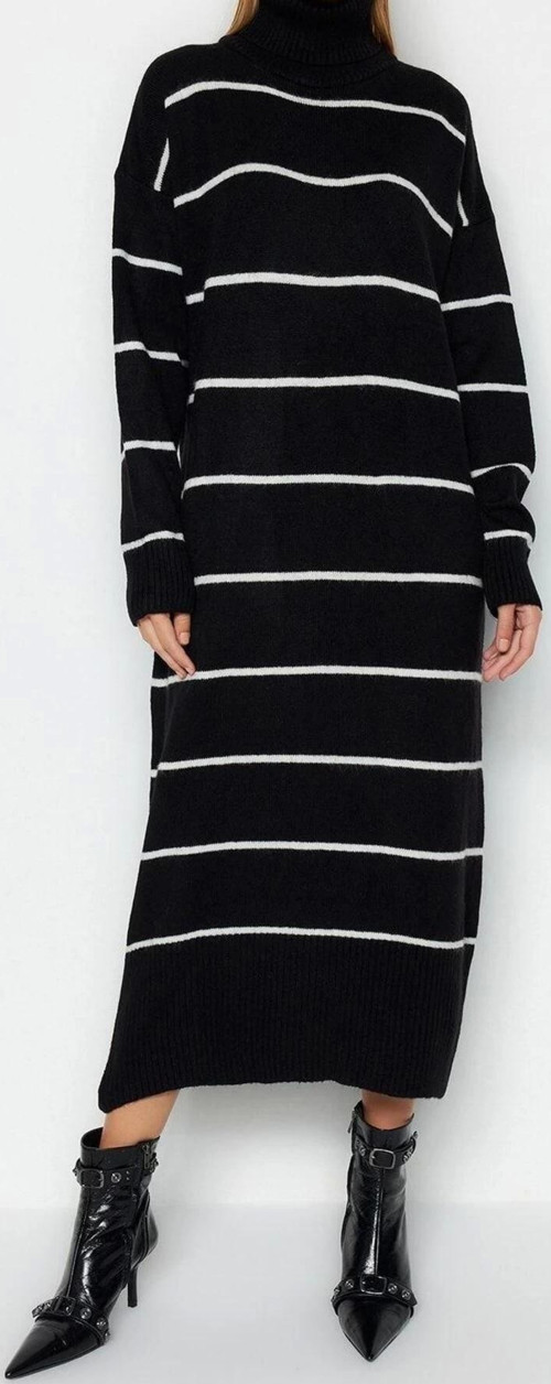 Moda Oversize Casual Günlük Çift Plaka Triko Balıkçı Yaka Uzun Kol Shift Maxi Boy Elbise