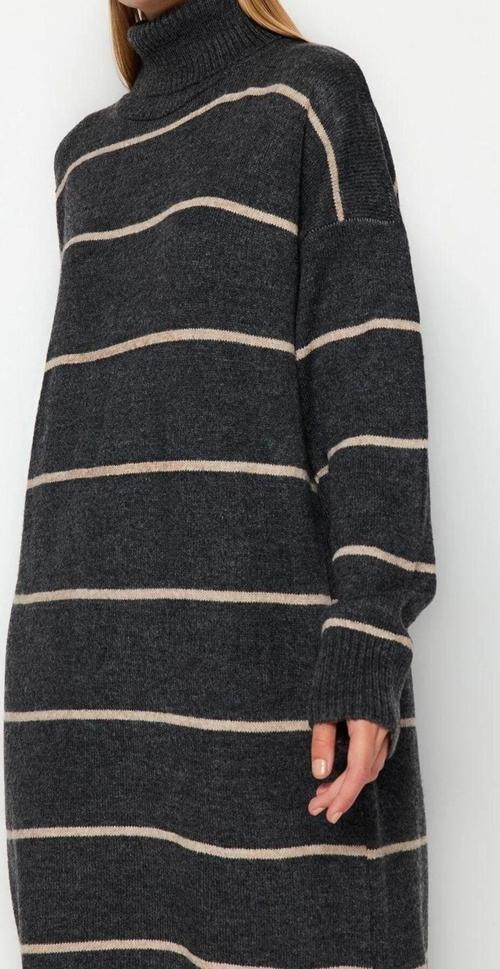 Moda Oversize Casual Günlük Çift Plaka Triko Balıkçı Yaka Uzun Kol Shift Maxi Boy Elbise