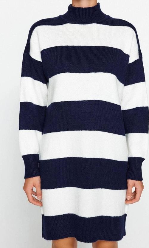Moda Oversize Casual Günlük Bürümcük Triko Dik Yaka Uzun Kol Kazak Elbise Mini Boy Elbise