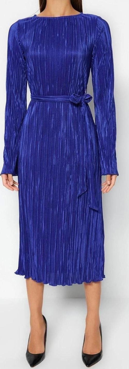 Moda Regular Gündüz Gece Pilise Örme Kayık Yaka Uzun Kol A-Line Midi Boy Elbise