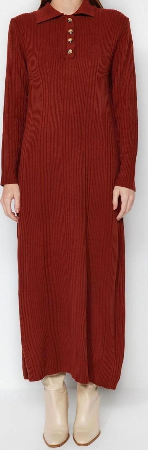 Moda Regular Casual Günlük Ribana Kaşkorse Dokuma V Yaka Uzun Kol A-Line Midi Boy Tesettür Elbise