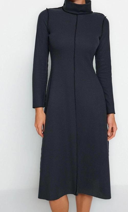 Moda Regular Casual Günlük Selanik Örme Dik Yaka Uzun Kol A-Line Midi Boy Elbise