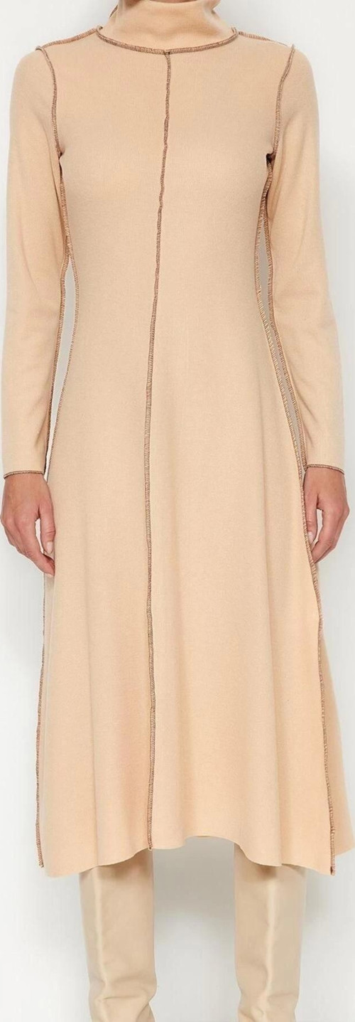 Moda Regular Casual Günlük Selanik Örme Dik Yaka Uzun Kol A-Line Midi Boy Elbise