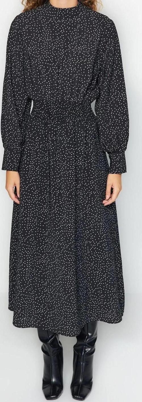 Moda Regular Casual Günlük Lilyum Dokuma Dik Yaka Uzun Kol Shift Maxi Boy Tesettür Elbise