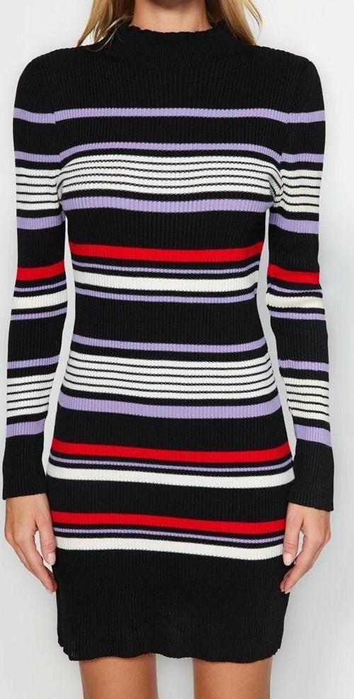 Moda Regular Casual Günlük Çift Plaka Triko Dik Yaka Uzun Kol Shift Mini Boy Elbise