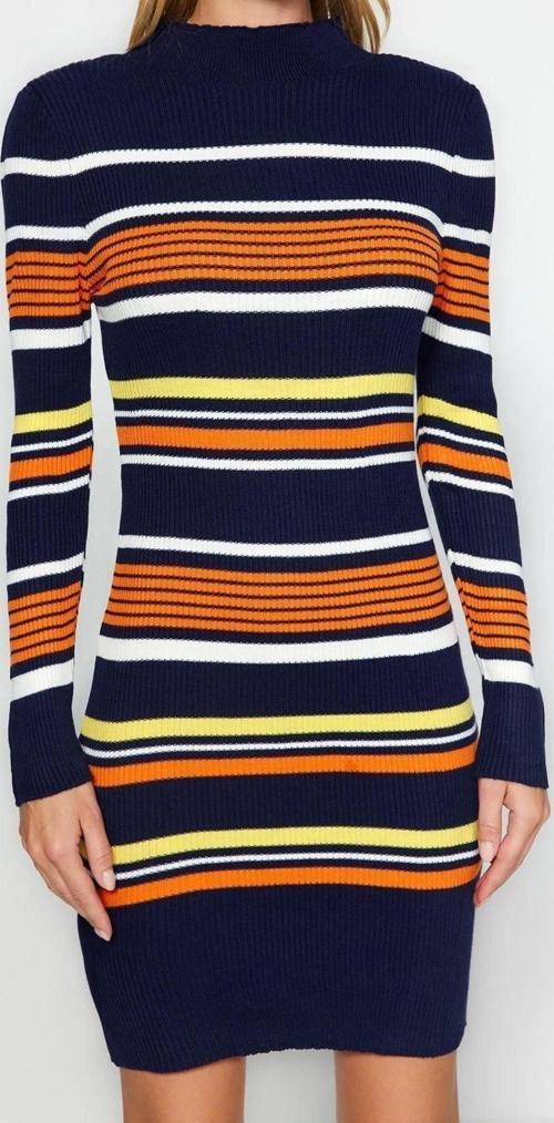 Moda Regular Casual Günlük Çift Plaka Triko Dik Yaka Uzun Kol Shift Mini Boy Elbise