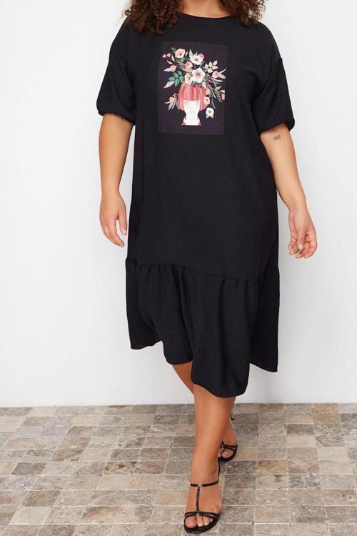 Moda Rahat Casual Günlük Queen Crep Dokuma Bisiklet Yaka Kısa Kol Smock Midi Boy Büyük Beden Elbise
