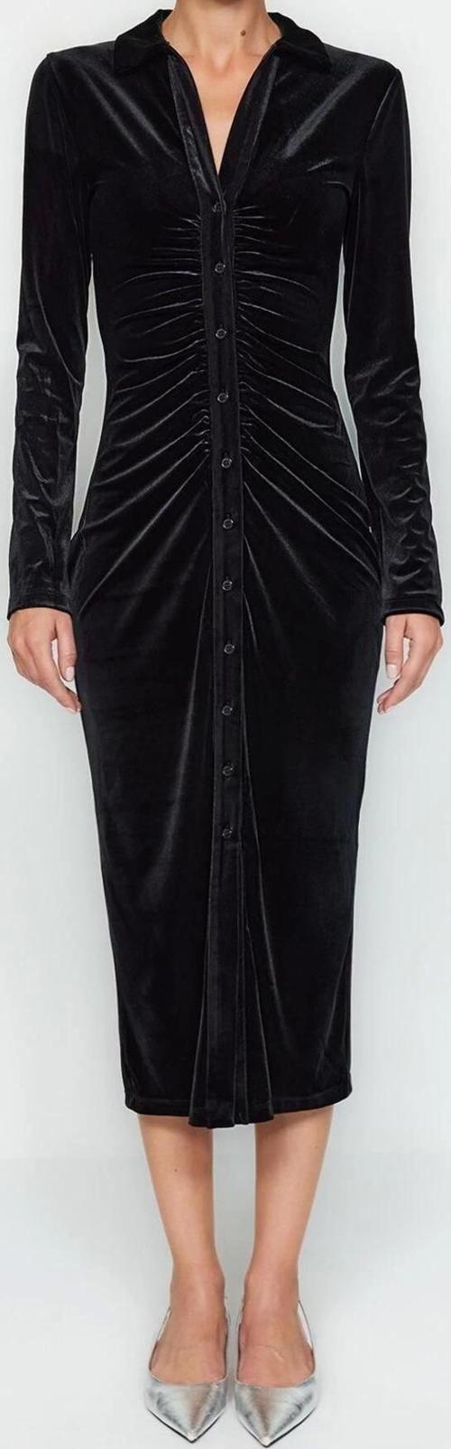 Moda Slim Casual Günlük Kadife Örme Polo Yaka Uzun Kol Bodycone Midi Boy Elbise