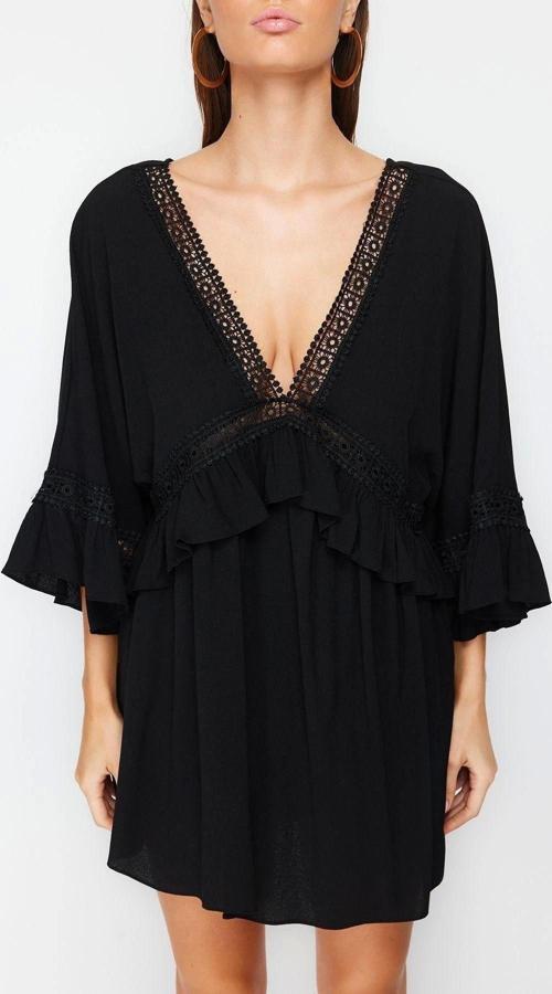 Moda Regular Plaj Günlük Crinkle Dokuma V Yaka Truvakar Kol Kol Basic Mini Boy Elbise