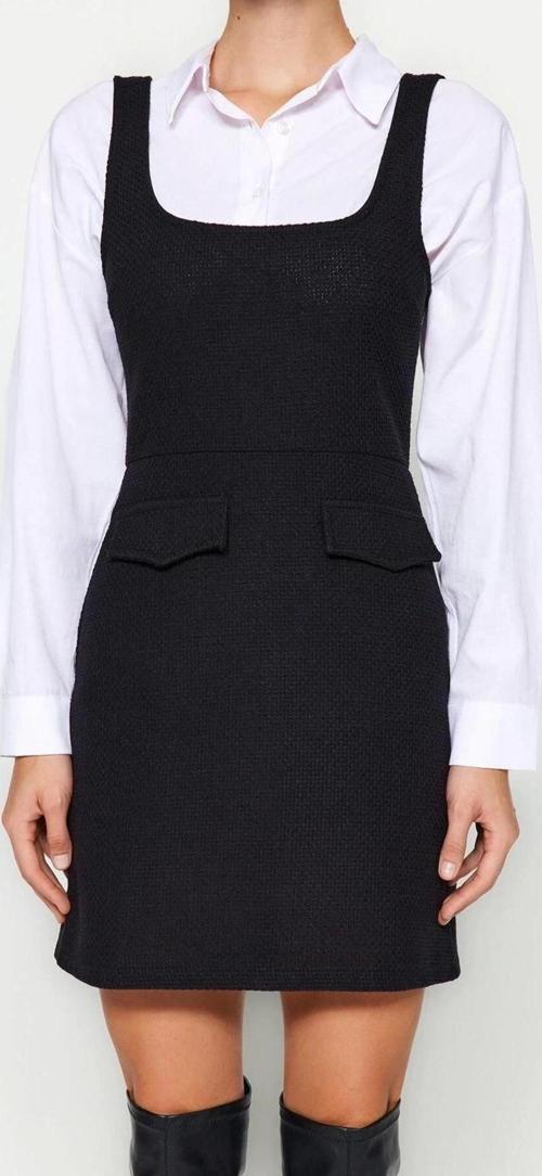 Moda Regular Casual Günlük Tüvit Dokuma Kare Yaka Askılı Kol Jile Mini Boy Elbise