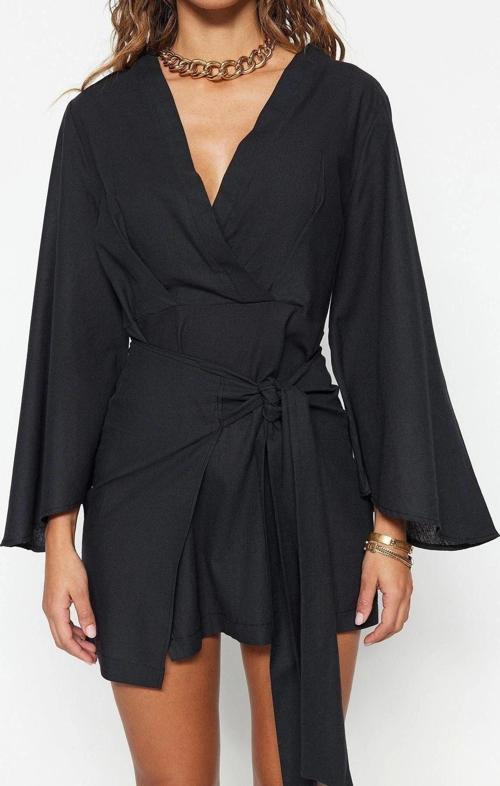 Moda Regular Plaj Günlük Flamlı Pamuk Dokuma V Yaka Uzun Kol Shift Mini Boy Elbise