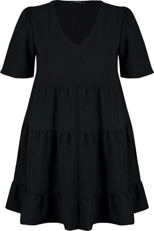 Moda Rahat Casual Günlük Aerobin Dokuma V Yaka Kısa Kol Smock Mini Boy Büyük Beden Elbise