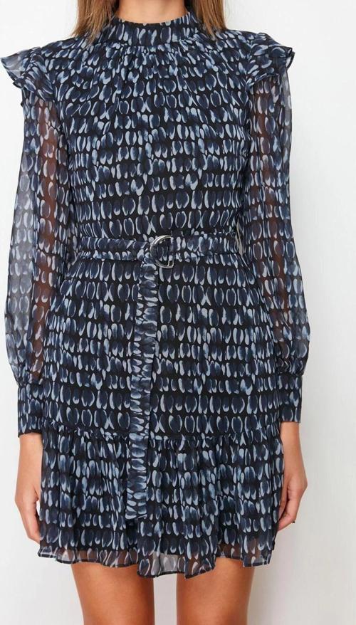 Moda Regular Gündüz Gece Şifon Dokuma Dik Yaka Uzun Kol A-Line Mini Boy Elbise