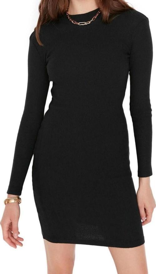 Moda Slim Casual Günlük Rejenere Kaşkorse Örme Dik Yaka Uzun Kol Bodycone Mini Boy Elbise