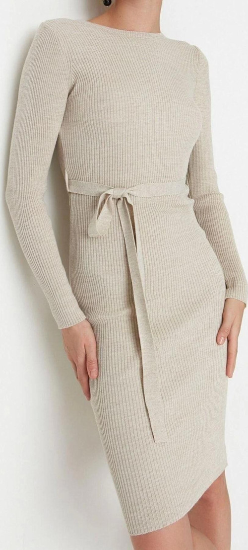 Moda Slim Casual Günlük Fitilli Triko Bisiklet Yaka Uzun Kol A-Line Midi Boy Elbise