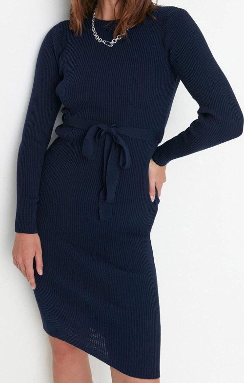 Moda Slim Casual Günlük Fitilli Triko Bisiklet Yaka Uzun Kol A-Line Midi Boy Elbise