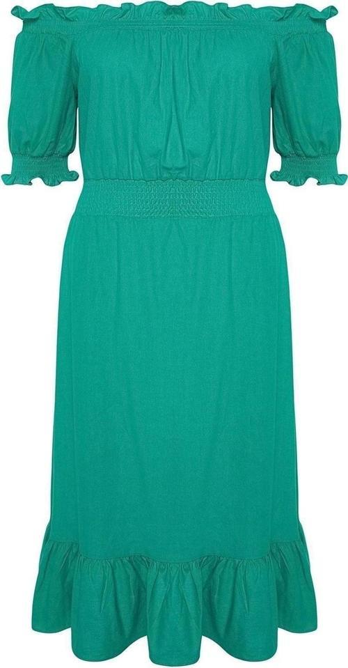 Moda Rahat Casual Günlük Shally Dokuma Carmen Yaka Kısa Kol A-Line Midi Boy Büyük Beden Elbise