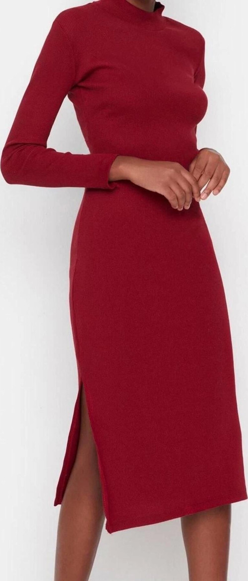 Moda Slim Casual Günlük Rejenere Kaşkorse Dokuma Dik Yaka Uzun Kol Bodycone Mini Boy Elbise