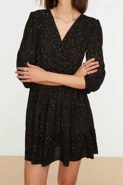 Moda Regular Casual Günlük Polyester Kaşkorse Örme Kruvaze Truvakar Kol Kol Skater Mini Boy Elbise