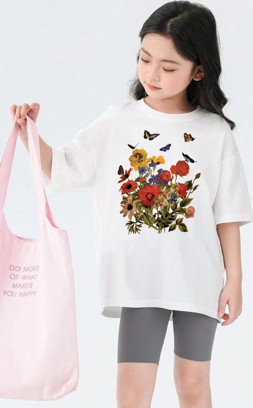 Çocuk Flowers Baskılı Pamuklu Tshirt