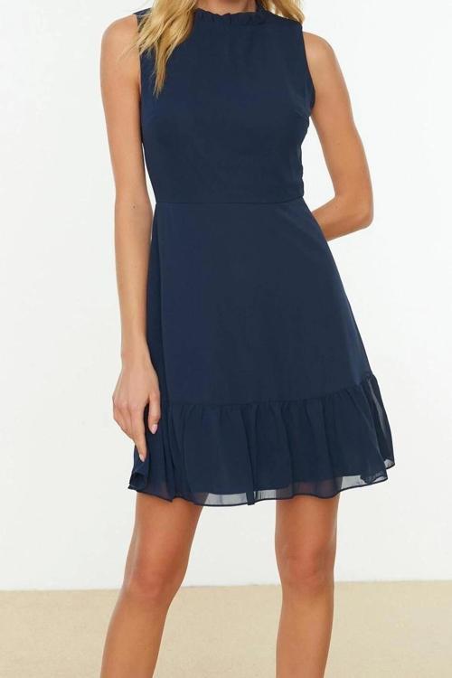 Moda Regular Business Şifon Dokuma Dik Yaka Kolsuz Kol A-Line Mini Boy Elbise