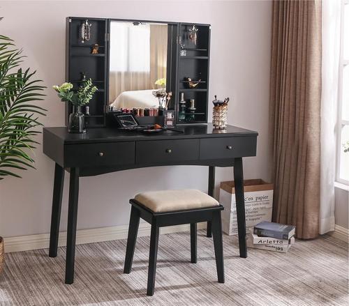 Parker Siyah Ahşap Makyaj Masası & Tabure & Ayna Dolabı