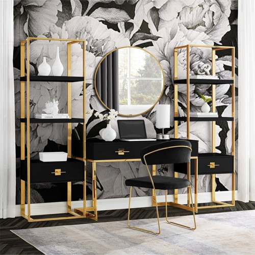 Rihanna Gold Metal Siyah Çalışma Masası Ve 2 Adet Kitaplık