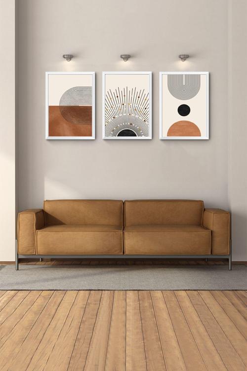 Beyaz Çerçeveli Mdf Tablo Modern Tablo 3Lü Set Manzara Tabloları Büyük Salon Tablosu Seti