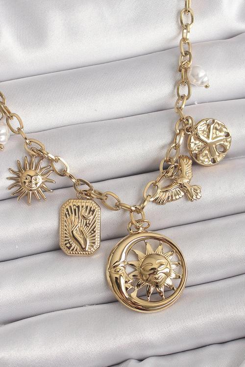 316L Çelik Gold Renk Halka Zincir Sallantı Ay Güneş Figür Kuş Detay Kadın Kolye