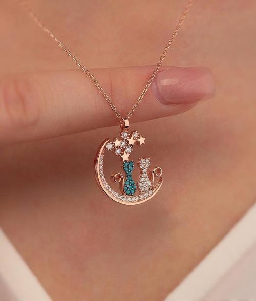 İkili Kedi Gümüş Kolye