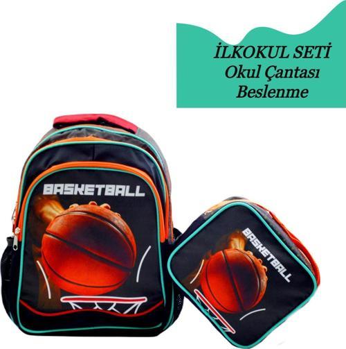 3 Bölmeli İlkokul Okul Sırt Çantası Ve Beslenme Çantası Basketball Turuncu