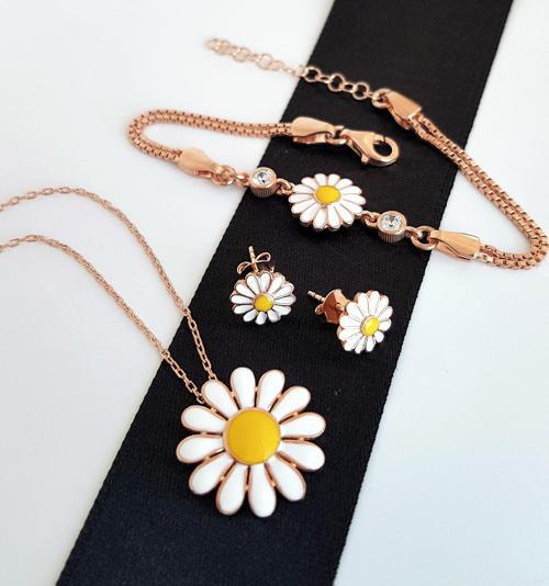Papatya Motifli Gümüş Set