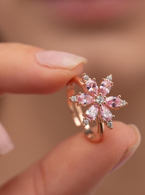 Pembe Taşlı Aster Çiçeği Gümüş Yüzük