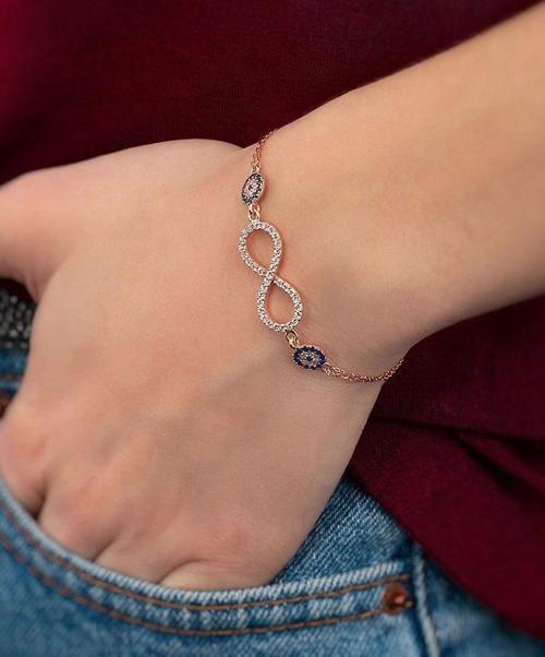 Sonsuzluk Motifli Nazar Boncuklu Gümüş Bileklik