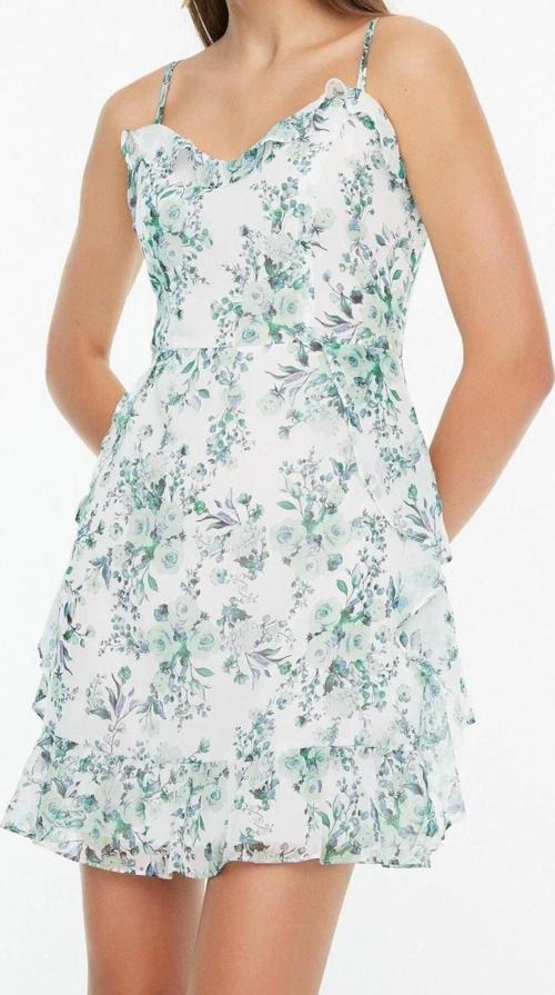 Moda Regular Casual Günlük Şifon Dokuma V Yaka Askılı Kol Eteği Fırfırlı Mini Boy Elbise